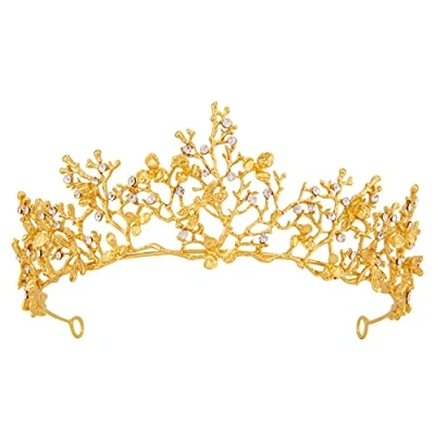 Abbildung von Vofler Tiara, Gold Crown Baroque Vintage Dragonfly Flower Branch Coral Crystal Rhinestone Headpiece for Women Queen Ladies Girl Bridal Bride Princess Birthday Wedding Pageant Halloween Costume Party