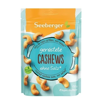 Abbildung von Seeberger Cashewkerne geröstet 12er Pack: Knackige Cashew Nüsse schonend veredelt proteinreicher Powersnack ohne Salz, vegan (12 x 150 g)