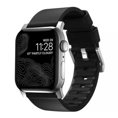 Abbildung von Nomad Apple Watch Armband Echtes Leder Schwarz Geeignet für Series 1 9 / SE Ultra (2) 42/44/45/49 mm Schwarz/Silber
