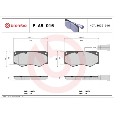 Abbildung von BREMBO P A6 016 Bremsbelagsatz inkl. Verschleißwarnkontakt ohne Zubehör IVECO: DAILY 2 Pritsche/Fahrgestell, Kasten/Kombi