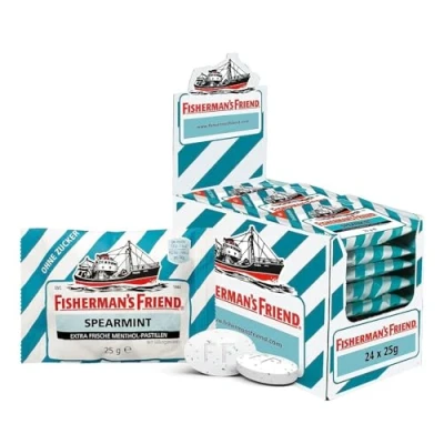 Abbildung von Fisherman&#039;s Friend Spearmint, 24er Vorratsbox, grüne Minze und Menthol Geschmack, zuckerfrei &amp; vegan, Bonbons für frischen Atem, 24 x 25g