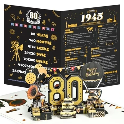 Abbildung von Joyoldelf 80. Geburtstagskarte, 1945 Jahrgang Geburtstag Karte, 3D Pop Up Grußkarten mit Umschlag, Vintage Geschenke für Mann und Frau