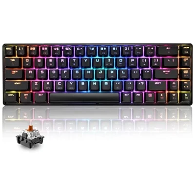 Abbildung von 60% mechanische Mini Tastatur, kompakt 68 Tasten, USB C, kabelgebunden, RGB 18 Chroma Rainbow Hintergrundbeleuchtung, tragbar, kompatibel mit PS4, Xbox, PC, Laptop Schwarz/Brown Switch