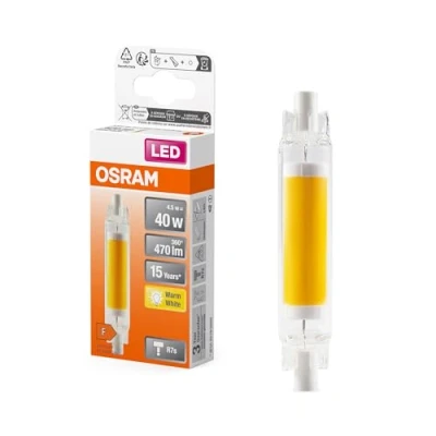 Abbildung von OSRAM LED Slim Line schlanke multicolor Lampe mit R7s Retrofit Sockel, 4.5 W / 470 lm, klar, warmweißes Licht 2700 K, nicht dimmbar, IP20, bleifreies Glas, 16 mm Durchmesser.