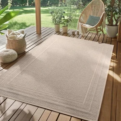 Abbildung von SIMPEX Outdoor Teppich Wetterfest Beige 280x370 cm, UV beständig, ideal für Küche, Balkon, Terrasse, Garten Wohnzimmer Esszimmer, Einfarbiges Design mit Bordüre, Pfelgeleicht