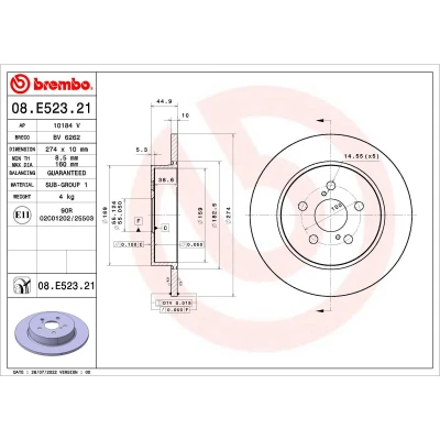 Abbildung von BREMBO 08.E523.21 Bremsscheibe 274 10 5 voll beschichtet TOYOTA: Yaris IV