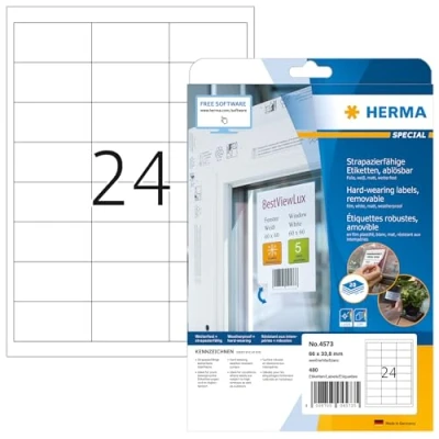 Abbildung von HERMA 4573 Wetterfeste Folienetiketten ablösbar, 20 Blatt, 66 x 33,8 mm, 24 pro A4 Bogen, 480 Stück, selbstklebend, bedruckbar, matt, blanko Klebeetiketten Aufkleber aus Folie, weiß