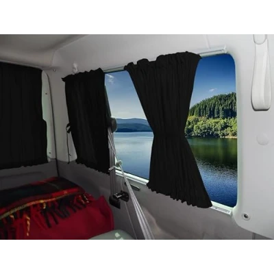 Abbildung von BREMER SITZBEZÜGE Maß Gardinen Vorhänge Sonnenschutz kompatibel mit VW T4 Multivan Caravelle 1990 2003 in Schwarz Camping Zubehör Wohnmobil Camper Set AMZ