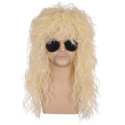 Abbildung von blonde lange Vokuhila Mullet Perücke, ATAYOU 80er Jahre Punk Heavy Metal Perücke Retro Rocker Disco Halloween Cosplay Unisex (Blond 723)