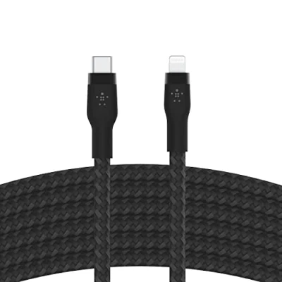 Abbildung von Belkin BoostCharge Pro Flex geflochtenes USB C/Lightning Kabel, 3 m, MFi zertifiziert, 20 W, zum Schnellladen mit PD Power Delivery für Geräte wie iPhone 14/14 Plus, 13, 12, Pro, Max, mini Schwarz
