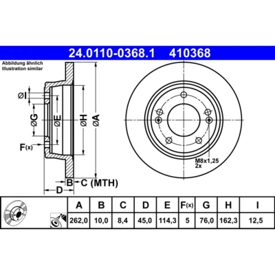 Abbildung von ATE 24.0110 0368.1 Bremsscheibe 262,0 10,0 5 114,3 voll beschichtet HYUNDAI: Kona SUV, Veloster, Elantra V Limousine, KIA: SOUL 2, Cerato Koup