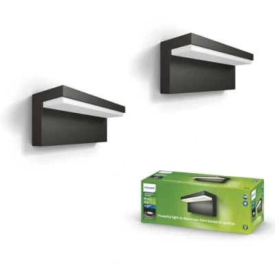 Abbildung von Philips LED Bustan ultra effiziente Außenwandleuchte 9W, 2700K warmweißes Licht, Anthrazit, IP44 wetterfest, Doppelpack