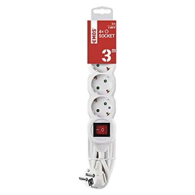Abbildung von EMOS 4 fach Steckdosenleiste 3m mit Schalter Schuko Steckdosen 45 gedreht 250 V, 16 A, 3680 W PVC Isolierung H05VV F3G 1,5 mm2 erhöhter Berührungsschutz IP20 für Innen weiß