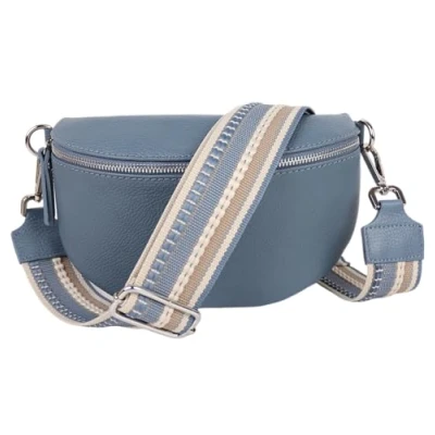 Abbildung von MIRROSI® Bauchtasche Damen, Echtleder, Made in Italy, Umhängetasche, Brusttasche, Crossbody Bag (1 Tasche &amp; 2 Gurte) (Jeansblau (Streifen Jeansblau), Große (28x18x9cm))