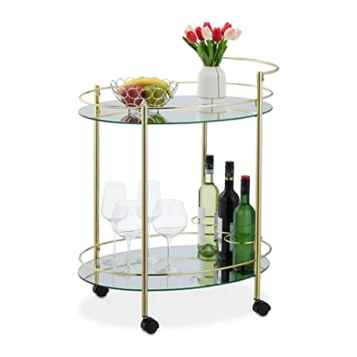 Abbildung von Relaxdays Servierwagen, Küchenwagen mit 2 Ebenen &amp; Flaschenhalter, HxBxT: 79 x 45 65,5 cm, aus Metall Glas, Messing