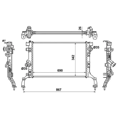 Abbildung von NRF 53967 Kühler, Motorkühlung Aluminium 690 342 26 mit Anbauteilen Kühlrippen gelötet RENAULT: LAGUNA 3 Grandtour