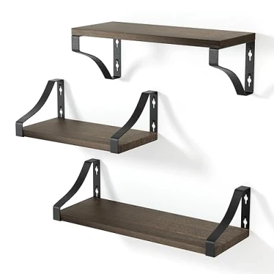Abbildung von edihome, Wandregal, 3 Stück, Naturholz Wandregale, stufige, schwimmend, Dekoration, Ideal für Wohnzimmer, Schlafzimmer, Badezimmer (Dunkles Holz)