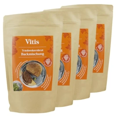 Abbildung von Vitis Traubenkern Brotbackmischung 4x 500g Packung reines Naturprodukt hoher Ballaststoffgehalt herzhaft kerniger Geschmack zertifizierter Herstellungsprozess