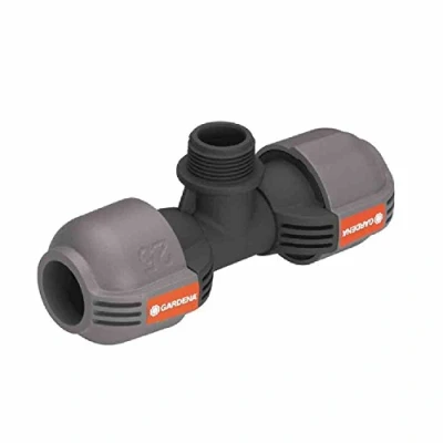 Abbildung von Gardena Sprinklersystem T Stück für Außengewinde: Verbindungsstück Anschluss des Turbinen Versenkregners, 25 mm x 3/4 Zoll Außengewinde, Quick&amp;Easy Verbindungstechnik (2787 20)