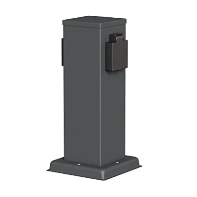 Abbildung von ledscom.de Garten Steckdosensäule POLLY für außen, IP44, 2 fach, Edelstahl, anthrazit, eckig, 27 cm, Außensteckdose, Steckdosensäule, Gartensteckdose, Steckdosenturm, Außensteckerdose, Energiesäule
