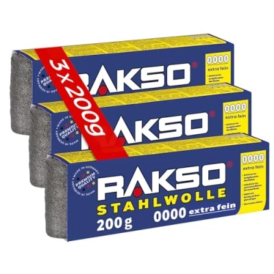 Abbildung von RAKSO Stahlwolle extrafein 0000 600 g, 3 Banderolen à 200g, poliert gewachstes Holz, Kupfer, Messing, mattiert Oberflächen, säubert Glas