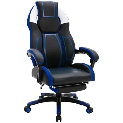 Abbildung von CLP Bürostuhl Clovis Kunstleder I Höhenverstellbarer Schreibtischstuhl mit Kopfstütze Gaming Stuhl Fußstütze, Farbe:schwarz/blau