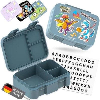 Abbildung von BEARFOOT Lunchbox Brotdose mit Fächern, leicht &amp; auslaufsicher Dinos blau, PP, ABS, Silikon, Kindergarten und Schule Mädchen Jungen, Vesperbox, Snackbox
