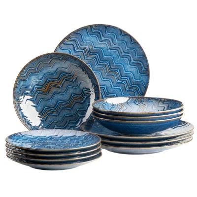 Abbildung von MÄSER 935072 Aquamarine, Aufregend lasiertes Teller Set für 4 Personen mit Speiseteller, Suppenteller und Dessertteller, 12 teiliges Tafelservice aus hochwertiger Keramik, Steinzeug, Blau
