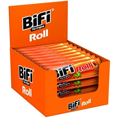Abbildung von BiFi Roll 24er Pack (24 x 45g) Salami Snack in einem lockeren Teig Original Wurstsnack To Go ideal für Unterwegs, im Büro oder beim Sport mit Pfeffer, Koriander und Knoblauch