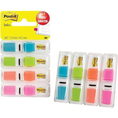 Abbildung von Post it Index Mini, 11,9 x 43,2 mm, 3 35 Haftstreifen im Spender, Farbe: Limonengrün, Orange, Pink, Türkis Zum Hervorheben wichtiger Informationen