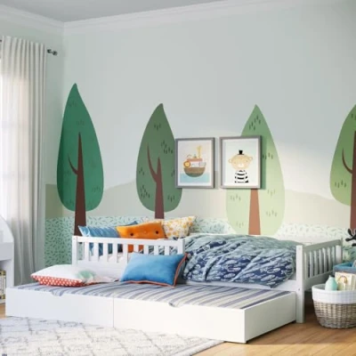 Abbildung von Bellabino Kinderbett Vils (Bett 90x200 cm inkl. Gästebett 90x190 cm, weiß lackiert), mit Lattenrost und Rausfallschutz, aus Kiefer Massivholz