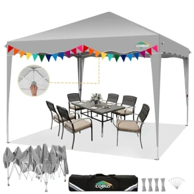 Abbildung von COBIZI Pavillon 3x3 Wasserdicht Stabil Winterfest, Wellige Traufe Pop Up Faltpavillon 3x3m mit One Push UV Schutz 50+ Outdoor Party Zelt Gartenpavillon Pavillion Klappbar inkl.Tasche, Grau