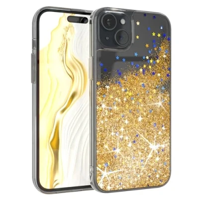 Abbildung von EAZY Case Glitzer Hülle kompatibel mit iPhone 15 Plus Handyhülle für Silikon leichtes Shiny Cover stoßfestes Phone als Fallschutz in Klar Transparent/Gold