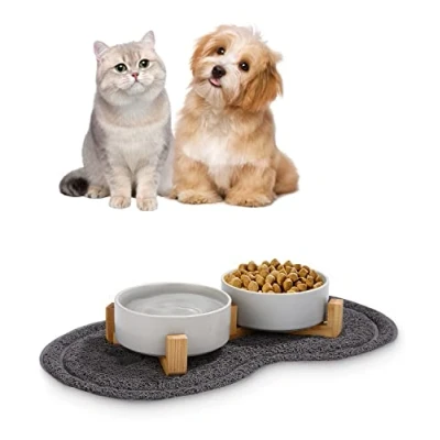 Abbildung von Futternapf Hund Keramik Katze Doppelt für Hunde und mit Bambus Ständer Rutschfester Unterlage (400ml, 2 Grau)