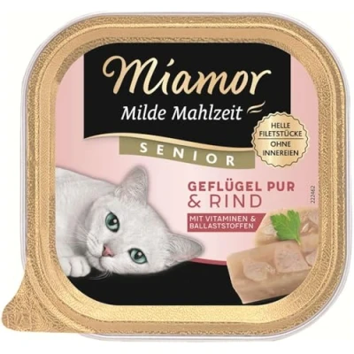 Abbildung von MIAMOR Milde Mahlzeit Senior Nassfutter für ältere Katzen mit Filetstückchen vom Geflügel. Leicht verdauliches Ergänzungsfutter im Schälchen ohne Zusatzstoffe 16x100g Geflügel Pur &amp; Rind
