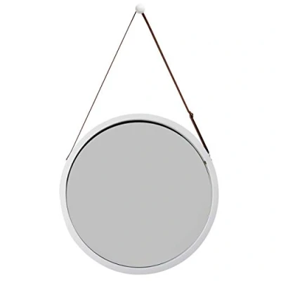 Abbildung von ZRI Bamboo Wandspiegel Rund Flur Spiegel Badspiegel mit Verstellbarer Lederband 45cm (Weiß, 45 cm)