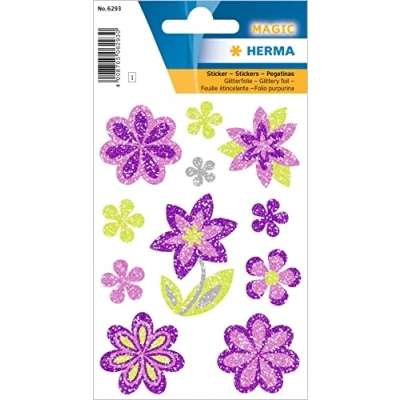 Abbildung von HERMA 6293 Aufkleber Blumen Glitzer klein, 11 Stück, Pflanzen Sticker mit lila Blüten Motiv, Kinder Etiketten für Fotoalbum Tagebuch Poesiealbum Scrapbooking Geburtstag Dekoration Briefe DIY Basteln
