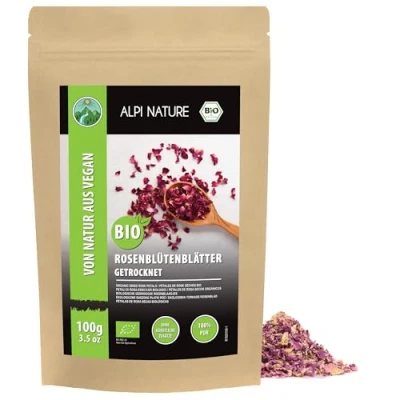 Abbildung von Bio Rosenblütenblätter (100g), Rosenblüten getrocknet, Rosen aus kontrolliert biologischem Anbau, Rosenblätter 100% natürlich, ohne Zusätze, Rosenblütentee, Rosentee