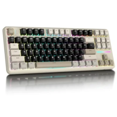 Abbildung von ATTACK SHARK X87 80% kabellose mechanische Gaming Tastatur, BT5.0/2,4G/USB C Hot Swap Dichtung, RGB Beleuchtung, 4000mAh Akku, vorgeschmierter Linearschalter, OEM PBT Tastenkappe für PC/MAC Weiß