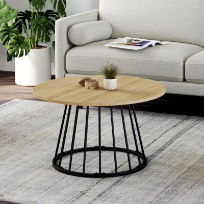 Abbildung von IDMarket Runder Beistelltisch Yuna 70 cm, Tischplatte aus Holz und verdrahteten Beinen schwarzem Metall