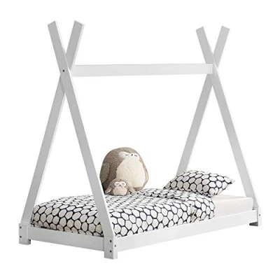 Abbildung von [en.casa] Kinderbett Onejda in Tipi Design Bodenbett Jugendbett aus Kiefernholz Weiß 80 x 160 cm