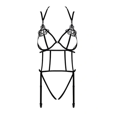 Abbildung von Obsessive Body Ouvert Bondage Look und Brustfrei mit Strumpfhalter schwarz (1 tlg) offener Schritt