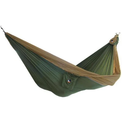 Abbildung von Fallschirmhängematte King Size Original seit 1996 ARMEEGRÜN/BRAUN Groß und Komfortabel 320 x 230 cm, nur 700 g Schneller Aufbau &lt; 1min Camping, Hängematte