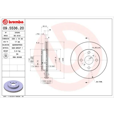 Abbildung von BREMBO 09.5536.20 Bremsscheibe 238 18 4 innenbelüftet TOYOTA: Starlet V Schrägheck, Paseo Coupe, IV Schrägheck