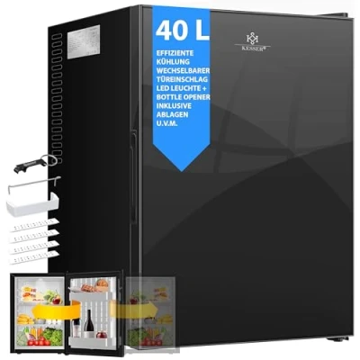 Abbildung von KESSER® Minikühlschrank mit Glasfront, Minibar 40Liter Nutzinhalt, Leise 22db, Schlafzimmer, Wechselbarer Türanschlag, ca. 6 12C Höhe 57cm, Innenbeleuchtung Tisch Kühlschrank + Glasöffner, Schwarz