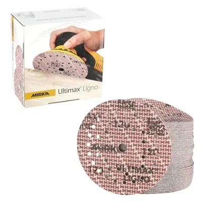 Abbildung von Mirka Ultimax Ligno Ø 125mm Schleifscheiben Klett Multifit/Korn 120/100 Stück/Multi Lochung/zum Schleifen von Holzoberflächen