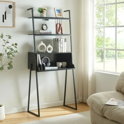 Abbildung von [en.casa] Schreibtisch Storfjord mit Leiterregal Computertisch Ablagen 184 x 80 40 cm Bürotisch Regal Sekretär Metallgestell Schwarz