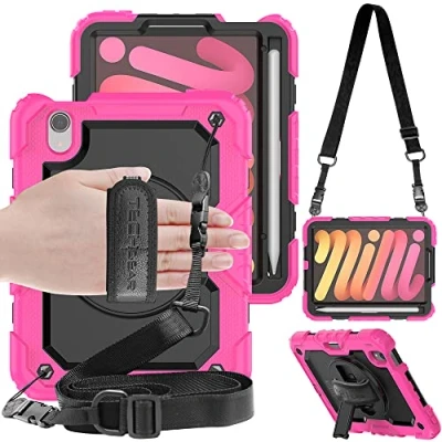 Abbildung von TECHGEAR Utility Hülle für iPad Mini 6 2021 6. Generation (8.3 Zoll) Robust Heavy Duty Stoßfeste Schutzhülle mit 360 Grad Schwenk ständer, Hand Schultergurt Eingebaut Bildschirm Rosa