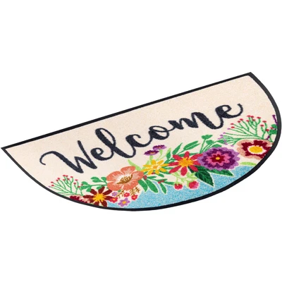 Abbildung von wash+dry by Kleen Tex Fußmatte &quot;Round Welcome Blooming&quot;, halbrund, Schmutzfangmatte, Motiv Blumen, mit Spruch, rutschhemmend, waschbar