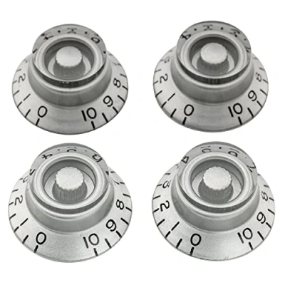 Abbildung von Musiclily Pro Linkshänder Metrische Größe 18 Splines Hutform Potiknopfe Top Hat Bell Knobs für Epiphone Les Paul SG Style E Gitarre, Silber